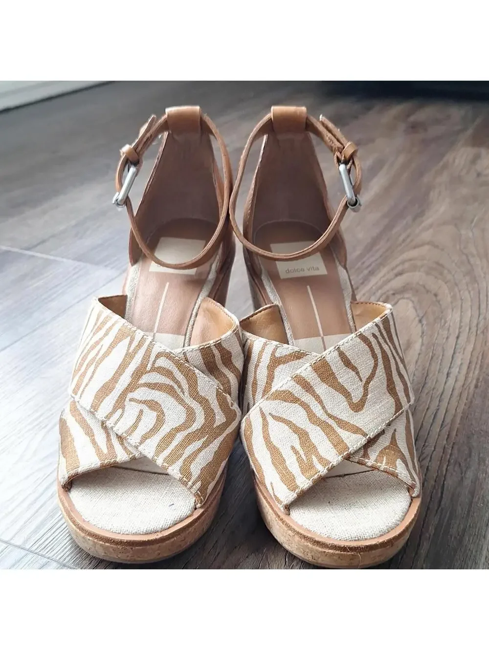 Dolce Vita Brown Zebra Print Ankle Strap Open Toe Wedge Heel Size 8